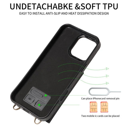 For iPhone 16 Pro Max Case Card Holder Leather + TPU Phone Cover with Long Shoulder Strap