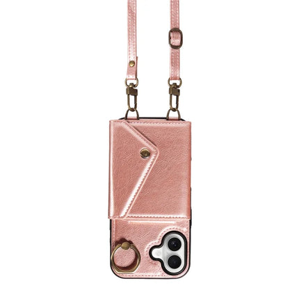 For iPhone 16 Case Card Holder Leather + TPU Phone Cover with Long Shoulder Strap