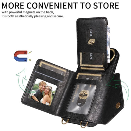 For iPhone 16 Pro Case Card Holder Leather + TPU Phone Cover with Long Shoulder Strap