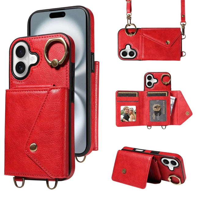 For iPhone 16 Plus Case Card Holder Leather + TPU Phone Cover with Long Shoulder Strap - Red