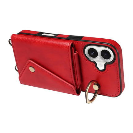 For iPhone 16 Plus Case Card Holder Leather + TPU Phone Cover with Long Shoulder Strap