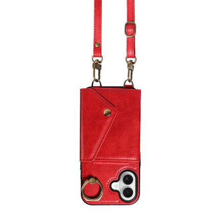 For iPhone 16 Plus Case Card Holder Leather + TPU Phone Cover with Long Shoulder Strap