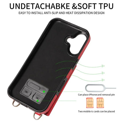 For iPhone 16 Plus Case Card Holder Leather + TPU Phone Cover with Long Shoulder Strap