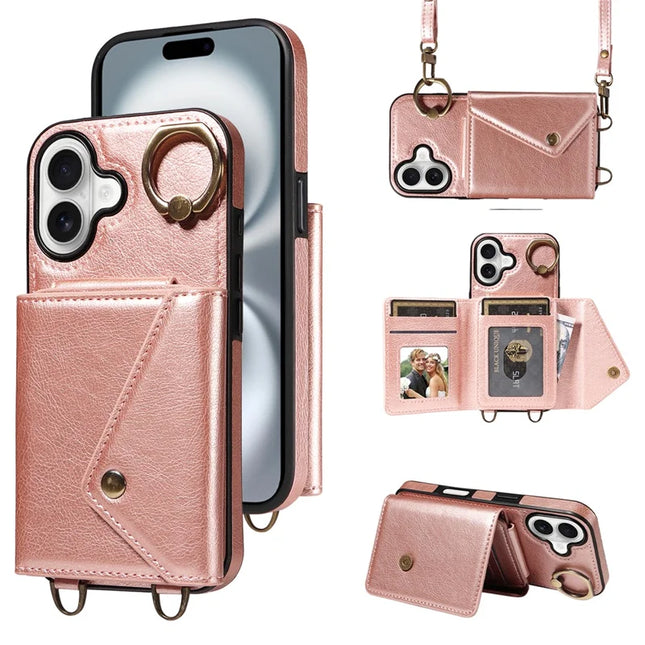 For iPhone 16 Plus Case Card Holder Leather + TPU Phone Cover with Long Shoulder Strap - Rose Gold