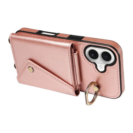 For iPhone 16 Plus Case Card Holder Leather + TPU Phone Cover with Long Shoulder Strap