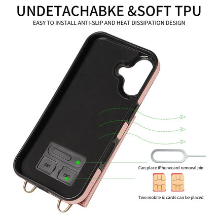 For iPhone 16 Plus Case Card Holder Leather + TPU Phone Cover with Long Shoulder Strap