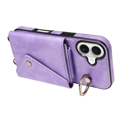 For iPhone 16 Plus Case Card Holder Leather + TPU Phone Cover with Long Shoulder Strap