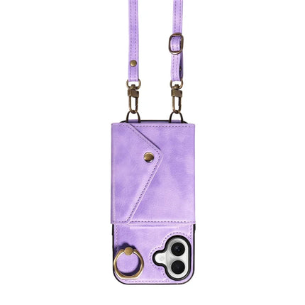 For iPhone 16 Plus Case Card Holder Leather + TPU Phone Cover with Long Shoulder Strap