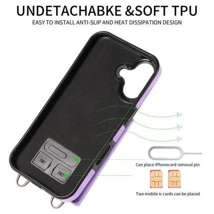 For iPhone 16 Plus Case Card Holder Leather + TPU Phone Cover with Long Shoulder Strap