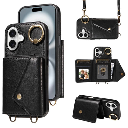 For iPhone 16 Plus Case Card Holder Leather + TPU Phone Cover with Long Shoulder Strap - Black