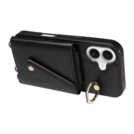 For iPhone 16 Plus Case Card Holder Leather + TPU Phone Cover with Long Shoulder Strap