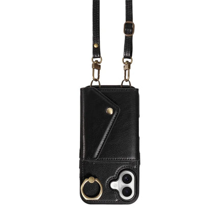 For iPhone 16 Plus Case Card Holder Leather + TPU Phone Cover with Long Shoulder Strap