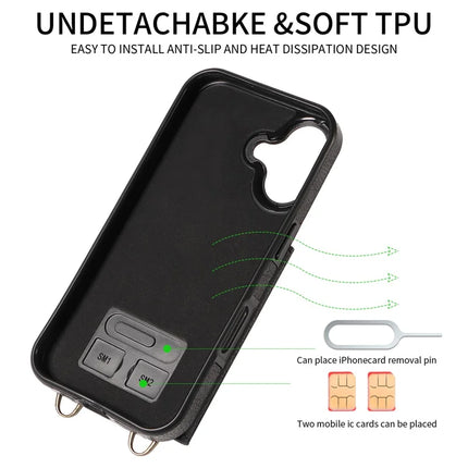 For iPhone 16 Plus Case Card Holder Leather + TPU Phone Cover with Long Shoulder Strap