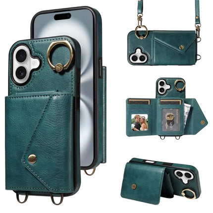 For iPhone 16 Plus Case Card Holder Leather + TPU Phone Cover with Long Shoulder Strap - Green
