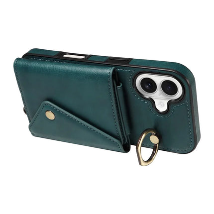 For iPhone 16 Plus Case Card Holder Leather + TPU Phone Cover with Long Shoulder Strap