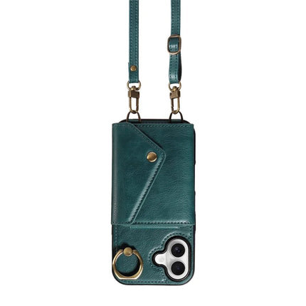 For iPhone 16 Plus Case Card Holder Leather + TPU Phone Cover with Long Shoulder Strap