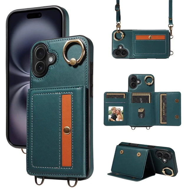 For iPhone 16 Plus Case Leather Crossbody Phone Cover Card Holder Kickstand - Blue