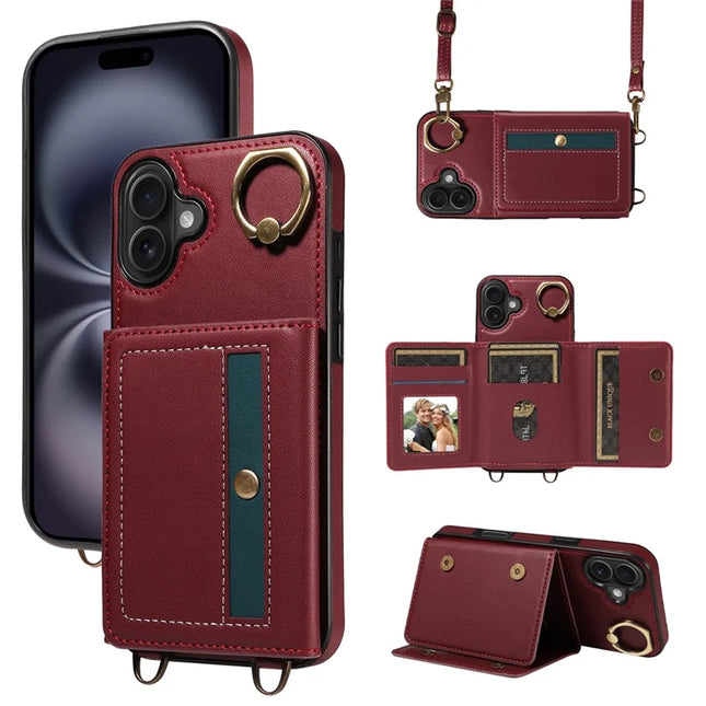 For iPhone 16 Plus Case Leather Crossbody Phone Cover Card Holder Kickstand - Wine Red