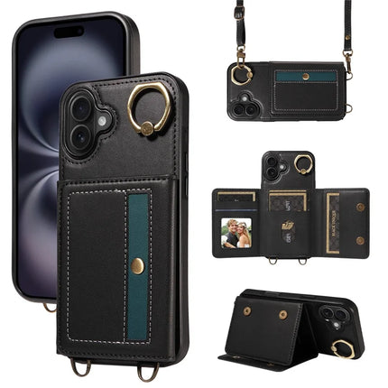 For iPhone 16 Plus Case Leather Crossbody Phone Cover Card Holder Kickstand - Black