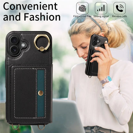 For iPhone 16 Plus Case Leather Crossbody Phone Cover Card Holder Kickstand