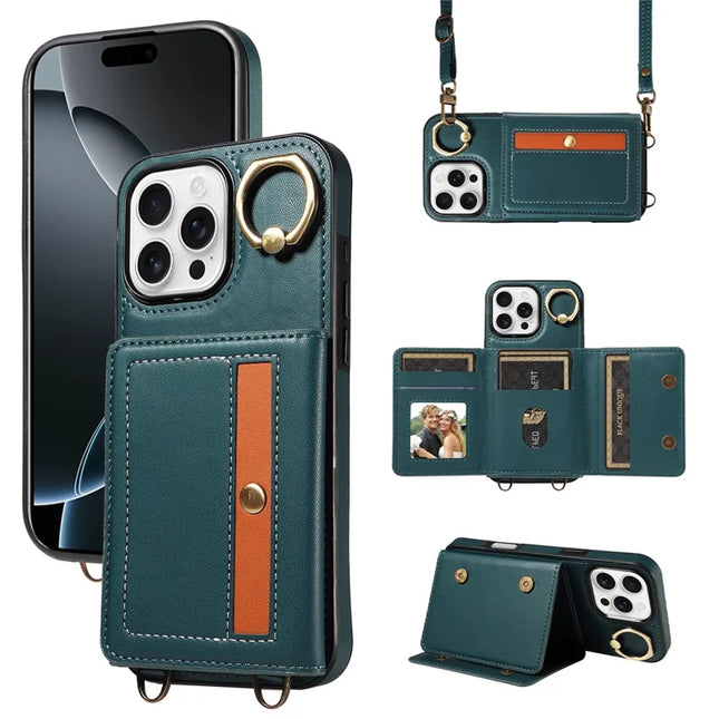 For iPhone 16 Pro Max Case Leather Crossbody Phone Cover Card Holder Kickstand - Blue