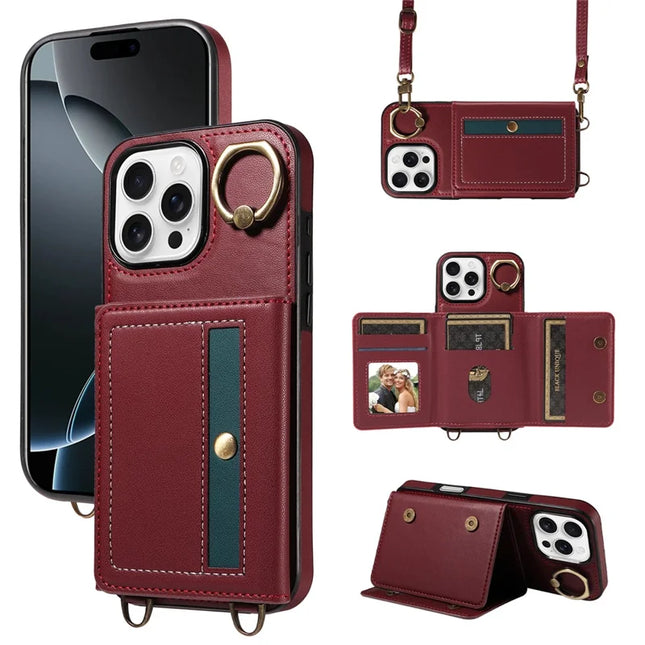 For iPhone 16 Pro Max Case Leather Crossbody Phone Cover Card Holder Kickstand - Wine Red