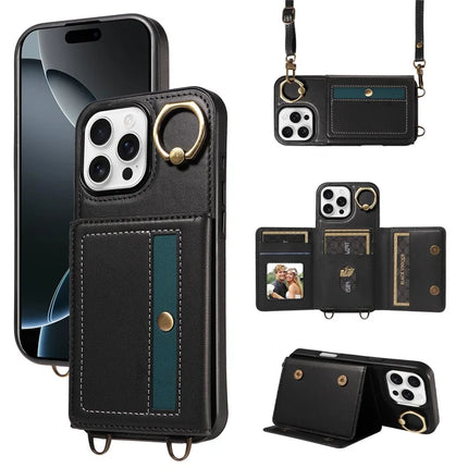 For iPhone 16 Pro Max Case Leather Crossbody Phone Cover Card Holder Kickstand - Black