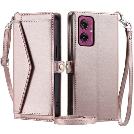 For Motorola Moto G55 5G Leather Case Wallet Stand Phone Cover with Straps - Rose Gold