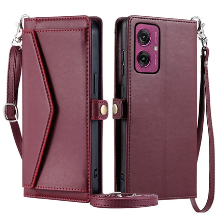 For Motorola Moto G55 5G Leather Case Wallet Stand Phone Cover with Straps - Wine Red