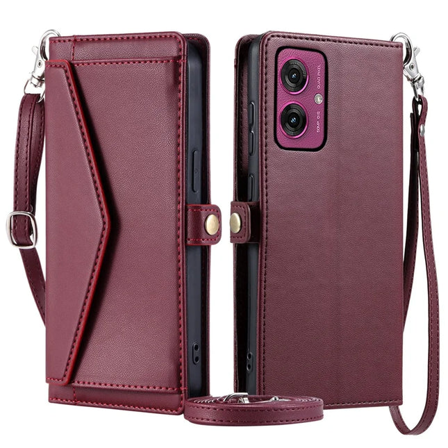 For Motorola Moto G55 5G Leather Case Wallet Stand Phone Cover with Straps - Wine Red