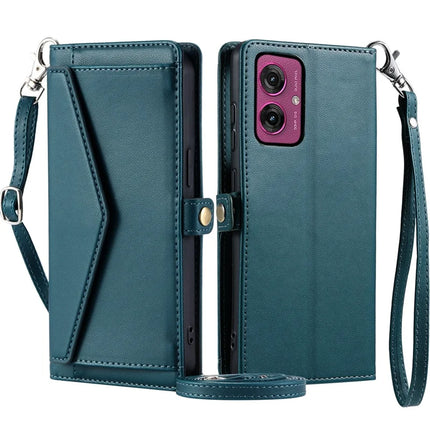 For Motorola Moto G55 5G Leather Case Wallet Stand Phone Cover with Straps - Blackish Green