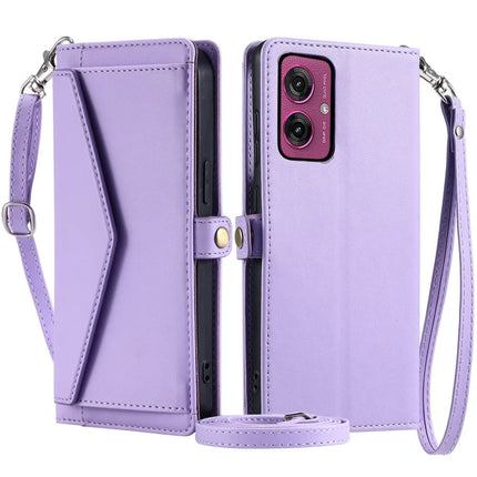 For Motorola Moto G55 5G Leather Case Wallet Stand Phone Cover with Straps - Purple