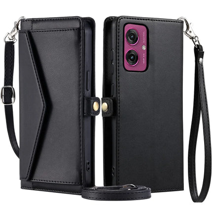 For Motorola Moto G55 5G Leather Case Wallet Stand Phone Cover with Straps - Black
