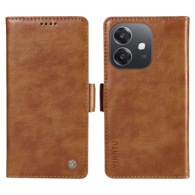 YIKATU YK-007 For Oppo A3x 4G / 5G (India) / A3 4G / 5G / A60 5G / A40 4G / A40M 4G Case Side Buckle PU Leather Phone Cover Litchi Texture - Brown