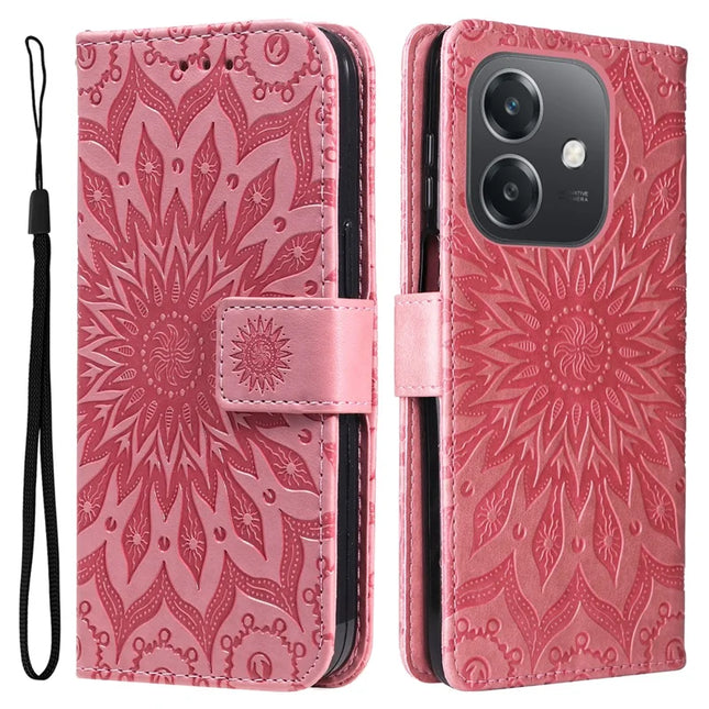 KT Imprinting Flower Series-1 For Oppo A3x 4G / 5G (India) / A3 4G / 5G / A60 5G / A40 4G / A40M 4G Case Sunflower Leather Wallet Phone Cover - Pink
