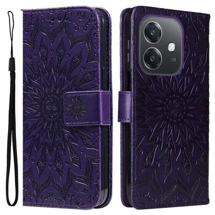 KT Imprinting Flower Series-1 For Oppo A3x 4G / 5G (India) / A3 4G / 5G / A60 5G / A40 4G / A40M 4G Case Sunflower Leather Wallet Phone Cover - Purple