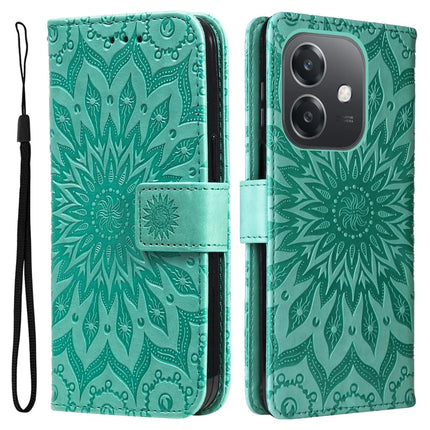 KT Imprinting Flower Series-1 For Oppo A3x 4G / 5G (India) / A3 4G / 5G / A60 5G / A40 4G / A40M 4G Case Sunflower Leather Wallet Phone Cover - Green