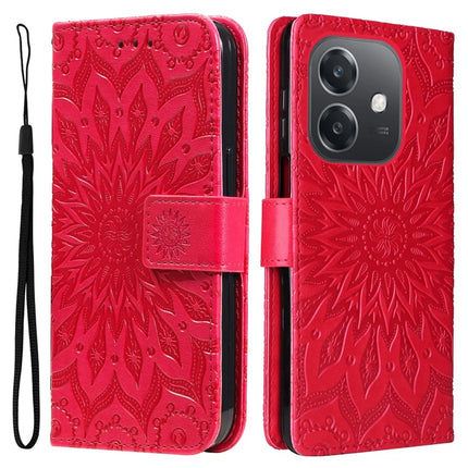 KT Imprinting Flower Series-1 For Oppo A3x 4G / 5G (India) / A3 4G / 5G / A60 5G / A40 4G / A40M 4G Case Sunflower Leather Wallet Phone Cover - Red