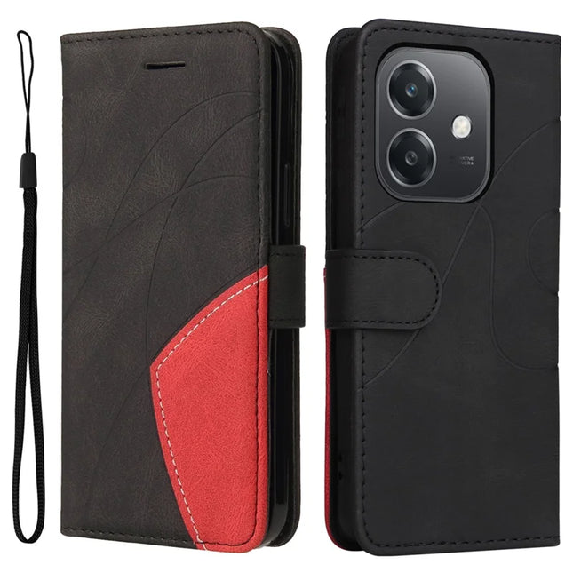 For Oppo A3x 4G / 5G (India) / A3 4G / 5G / A60 5G / A40 4G / A40M 4G Leather Case Wallet Stand Color Splicing Phone Cover  - Black