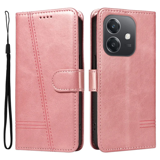 For Oppo A3x 4G / 5G (India) / A3 4G / 5G / A60 5G / A40 4G / A40M 4G Case Flip Wallet T-Shape Lines Leather Phone Cover - Rose Gold