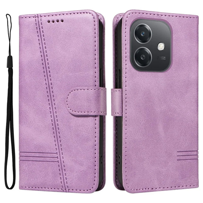 For Oppo A3x 4G / 5G (India) / A3 4G / 5G / A60 5G / A40 4G / A40M 4G Case Flip Wallet T-Shape Lines Leather Phone Cover - Light Purple
