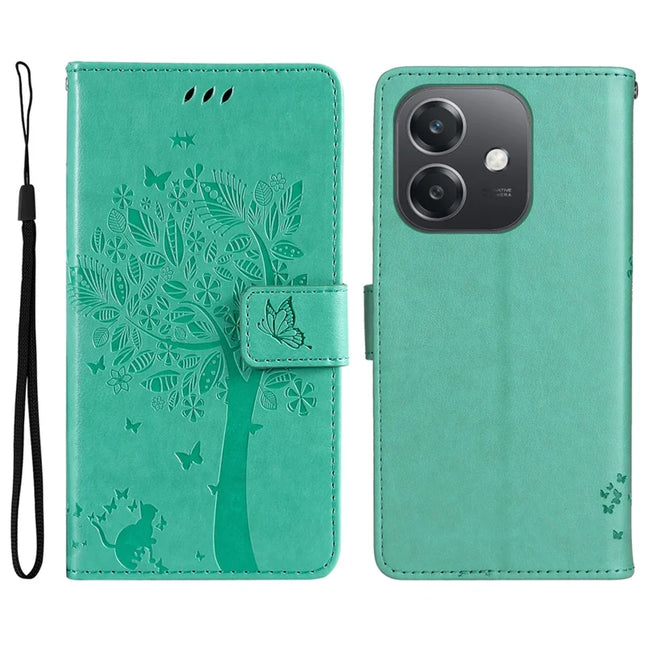 KT Imprinting Flower Series-3 For Oppo A3x 4G / 5G (India) / A3 4G / 5G / A60 5G / A40 4G / A40M 4G Case Cat Tree Pattern Flip Leather Phone Cover - Green