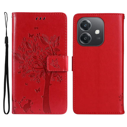 KT Imprinting Flower Series-3 For Oppo A3x 4G / 5G (India) / A3 4G / 5G / A60 5G / A40 4G / A40M 4G Case Cat Tree Pattern Flip Leather Phone Cover - Red