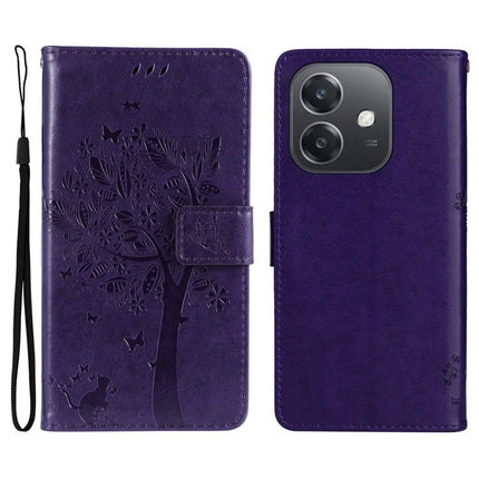 KT Imprinting Flower Series-3 For Oppo A3x 4G / 5G (India) / A3 4G / 5G / A60 5G / A40 4G / A40M 4G Case Cat Tree Pattern Flip Leather Phone Cover - Purple