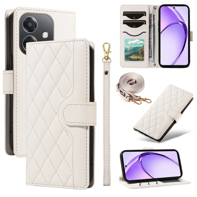 For Oppo A3x 4G / 5G (India) / A3 4G / 5G / A60 5G / A40 4G / A40M 4G Case Wallet Rhombus Leather Phone Cover with Shoulder Strap, Wrist Strap - White