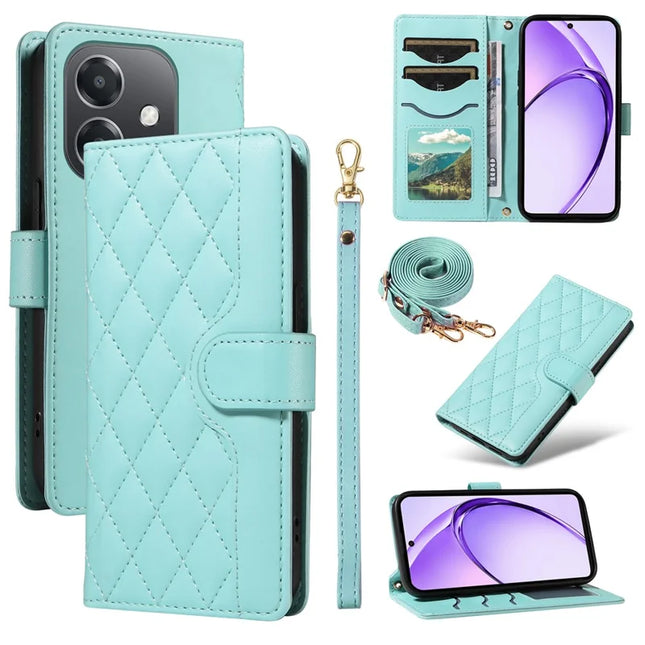 For Oppo A3x 4G / 5G (India) / A3 4G / 5G / A60 5G / A40 4G / A40M 4G Case Wallet Rhombus Leather Phone Cover with Shoulder Strap, Wrist Strap - Green