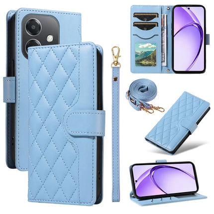 For Oppo A3x 4G / 5G (India) / A3 4G / 5G / A60 5G / A40 4G / A40M 4G Case Wallet Rhombus Leather Phone Cover with Shoulder Strap, Wrist Strap - Blue