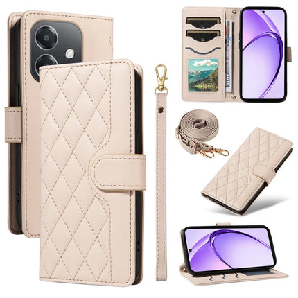 For Oppo A3x 4G / 5G (India) / A3 4G / 5G / A60 5G / A40 4G / A40M 4G Case Wallet Rhombus Leather Phone Cover with Shoulder Strap, Wrist Strap - Apricot