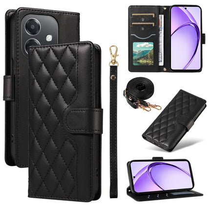 For Oppo A3x 4G / 5G (India) / A3 4G / 5G / A60 5G / A40 4G / A40M 4G Case Wallet Rhombus Leather Phone Cover with Shoulder Strap, Wrist Strap - Black