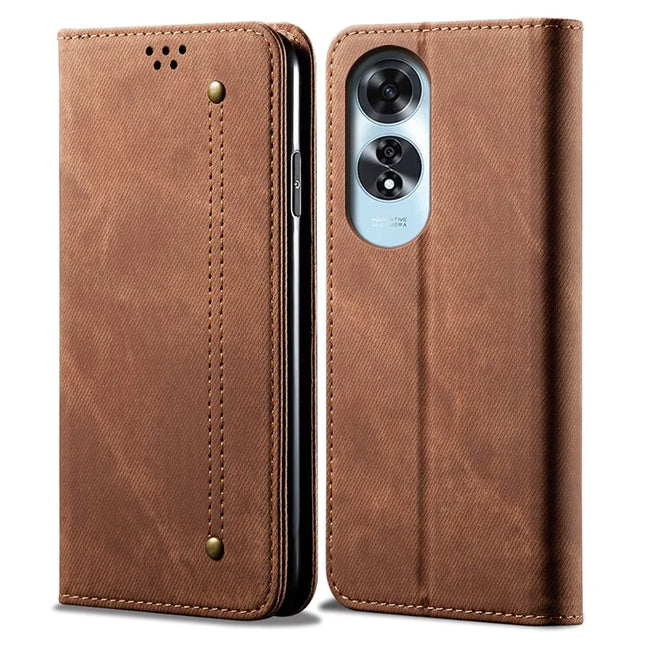 For Oppo A60 4G Case Jeans Cloth Texture Anti-Scratch Leather Stand Phone Cover - Coffee
